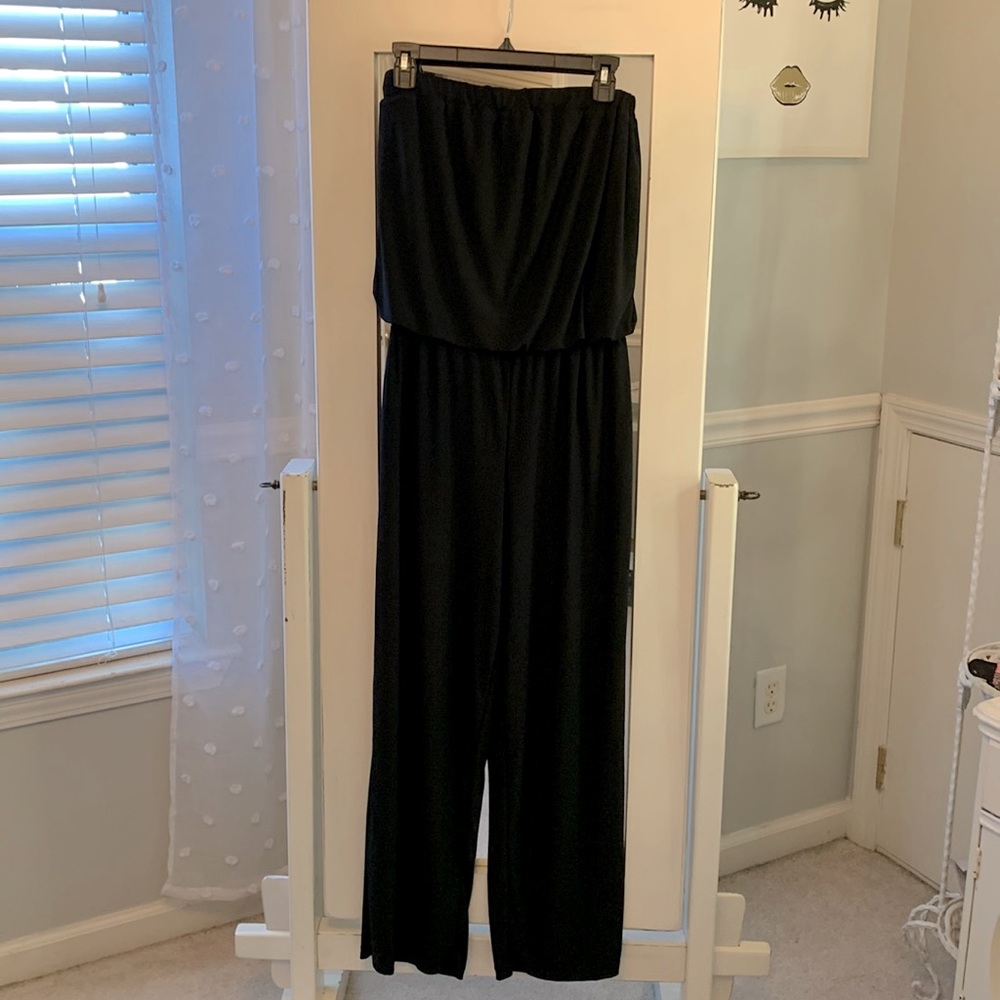 JSP black strapless jumpsuit.